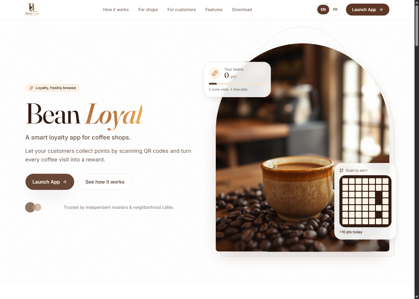 Bean Loyal landing page hero showing the points card and QR scan-to-earn widget